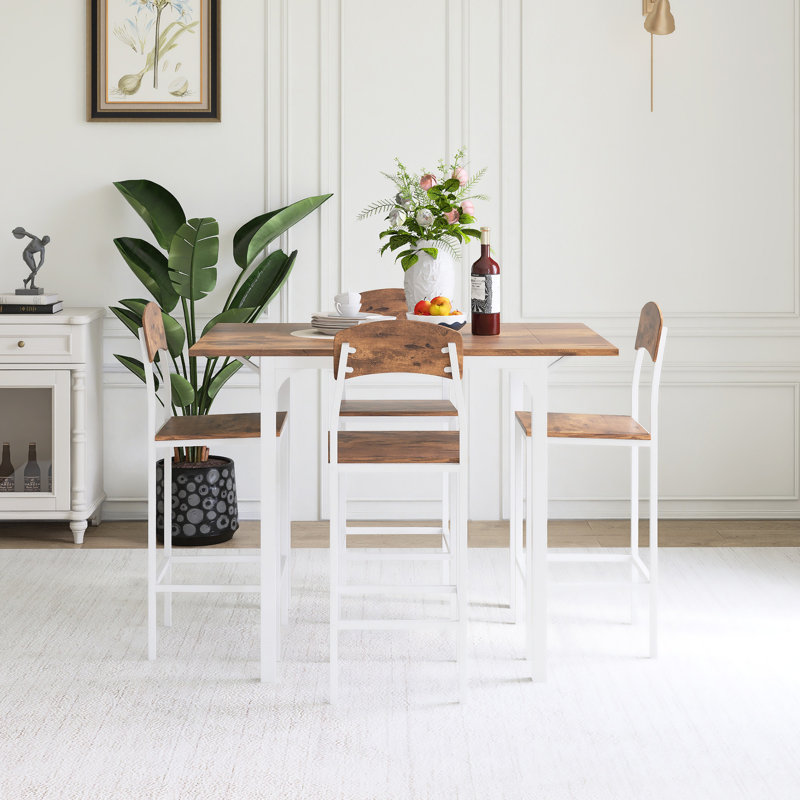 Ensemble de table de salle à manger 5 pièces à hauteur de comptoir extensible, Blanc, Brun