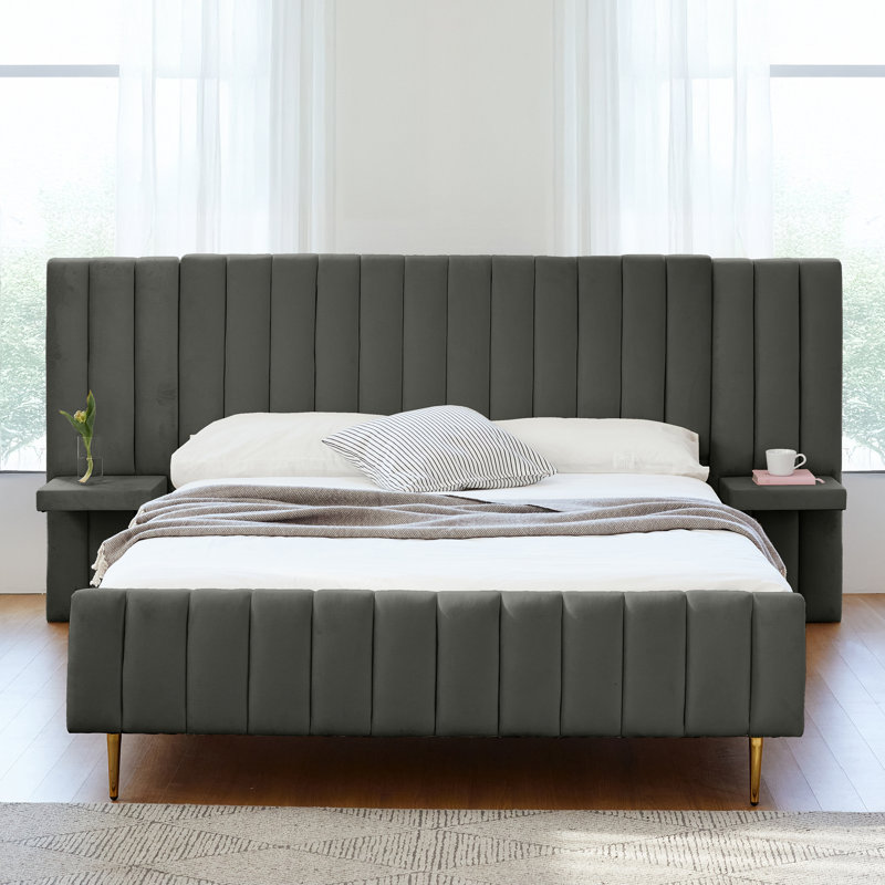 Velvet Upholstered Modern Platform Bed Set With Bedside Panel Nightstand, No Box Spring Needed, Gray, Queen