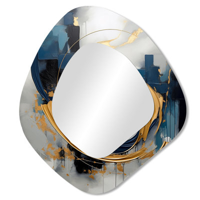Hunnewell Golden blue Abstract Whirls of serenity V - Fractal Asymmetrical Large Mirror, Modern Unique Shape Unique Wall Mirror Decor, Printed Metal Art