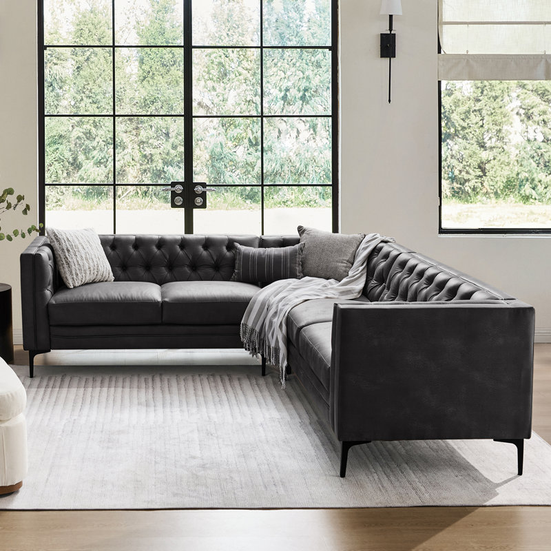  Brinna 90" Easy Wiped Faux Leather Tufted Modular Corner Sectional Sofa, Charcoal Faux Leather