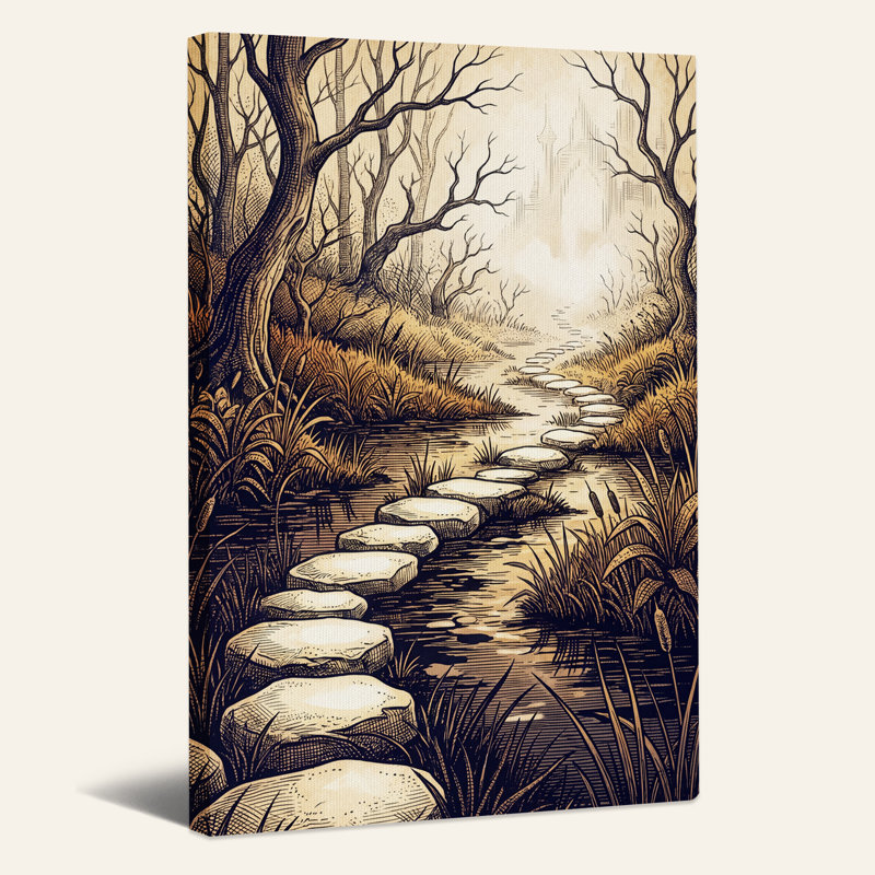 Toile murale d'Halloween représentant un chemin de dalles sépia à travers les bois, 30"H x 20"W