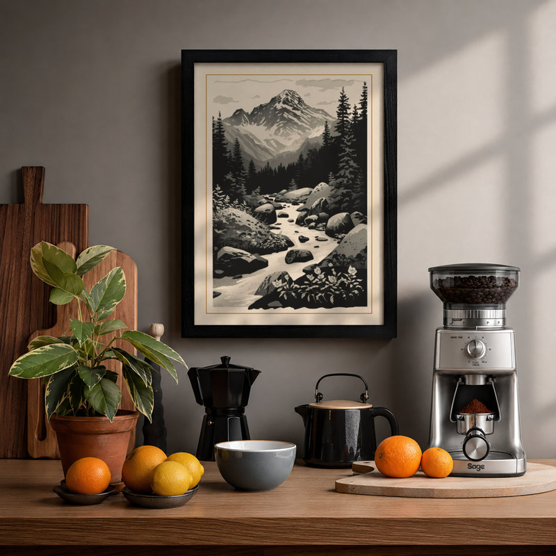 Mountains at Stillness Scandinavian - Framed Print, A1 - 84.1 x 59.4 cm, Black