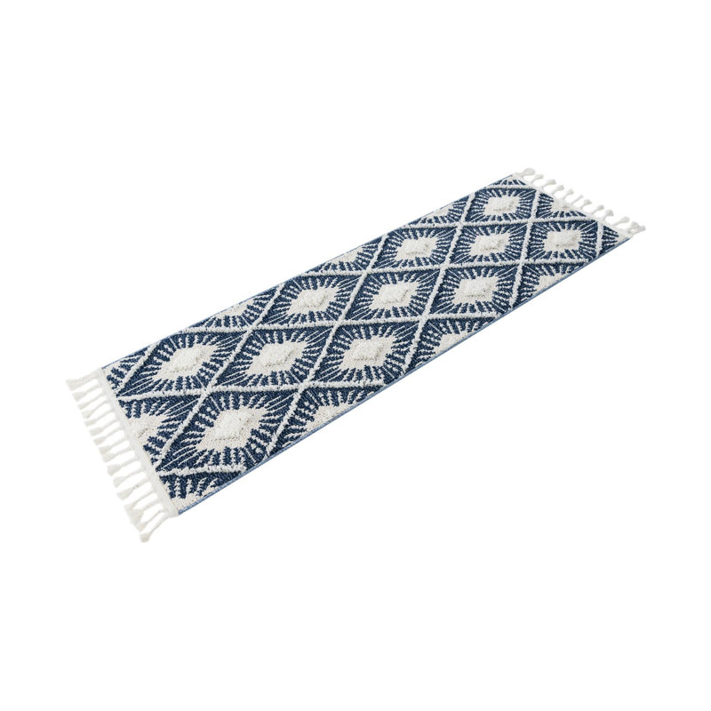 Geometric Machine Woven Polyester Area Rug in Blue, Runner 2'7" x 12'