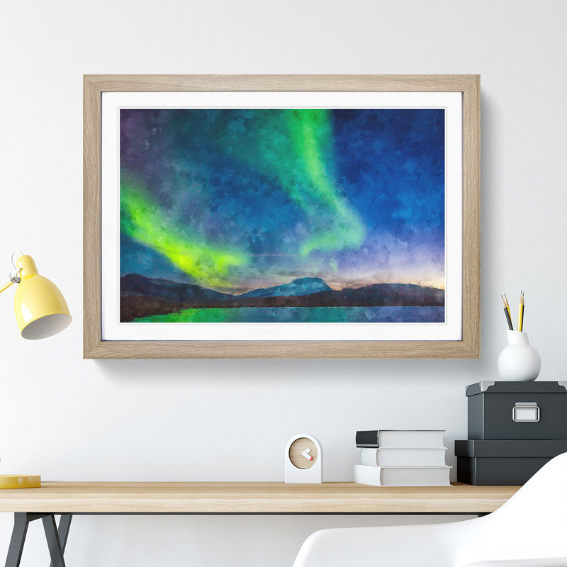 Green Polar Lights over Sweden - Picture Frame Painting Print, 24cm H x 33cm W x 2cm D, Oak Framed