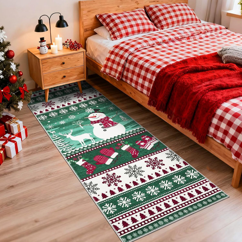 2x6 Christmas Runner Rug – Washable, Non-Slip, Santa & Reindeer Print, Low Pile, Foldable Carpet for Hallway, Kitchen, Bedside (Grey)