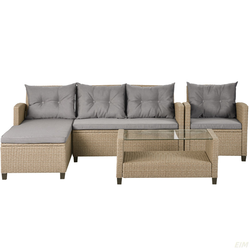 U_STYLE Extérieur, Ensemble de meubles de patio, Ensemble de conversation 4 pièces Canapé modulaire en osier avec coussins de siège
