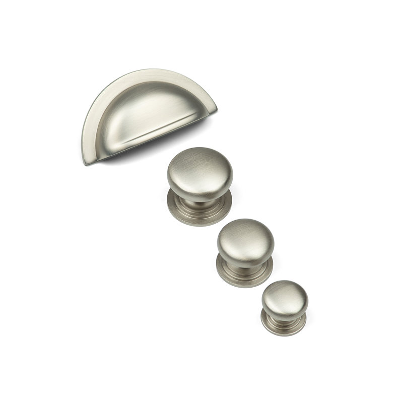 Satin Nickel Cup Handle & Coordinating Knobs, 25mm Knob