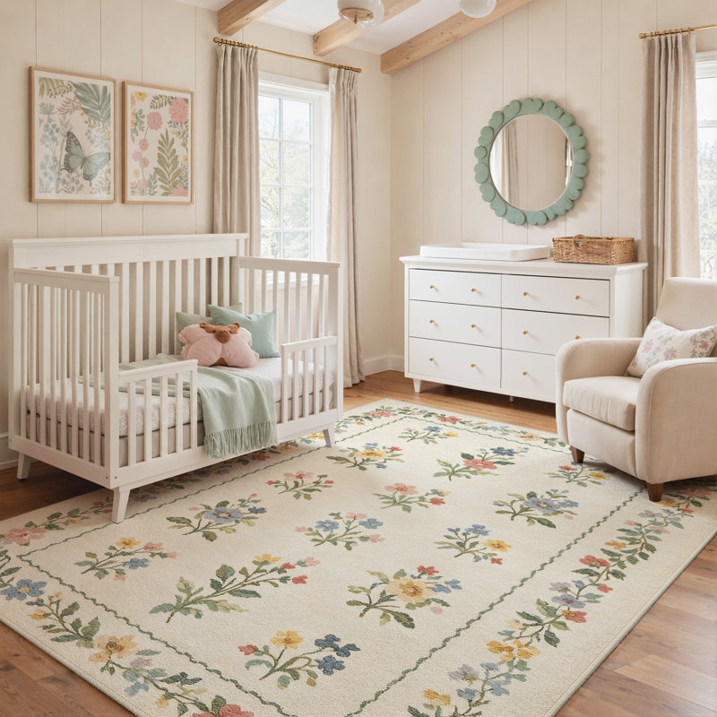 Abingdon Aaron Floral Area Rug, Machine Washable, Soft Faux Cashmere& Non-Slip Backing, Rectangle 5' x 7'