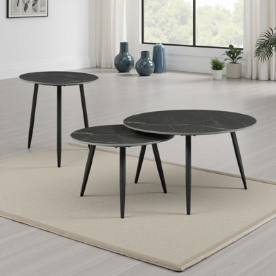 Ensemble de 3 tables basses Lyra, plateau en pierre emboîtable, 
