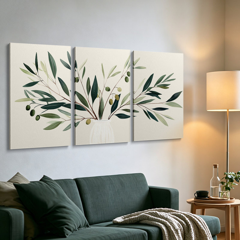 Ensemble de 3 toiles décoratives modernes à motif botanique de branches d'olivier, pour salle à manger, 40 x 90 cm (16 x 36 pouces).