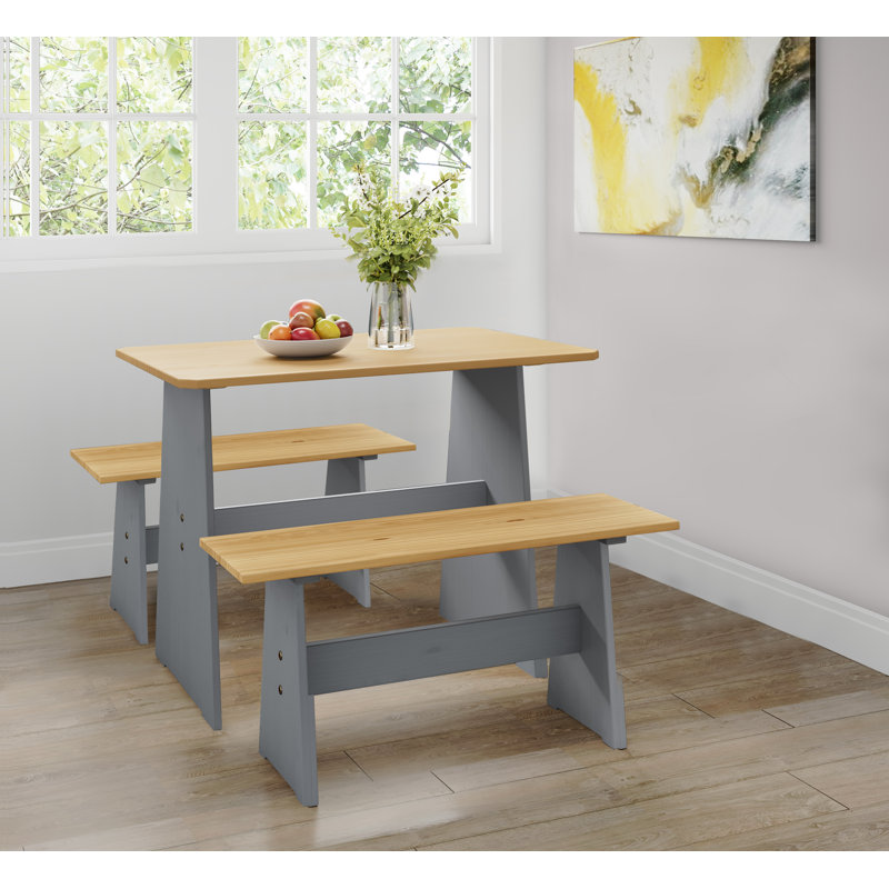 Ensemble de salle à manger 3 pièces en bois massif Farmhouse (table + 2 bancs) pour 4 personnes, compact pour les petits espaces