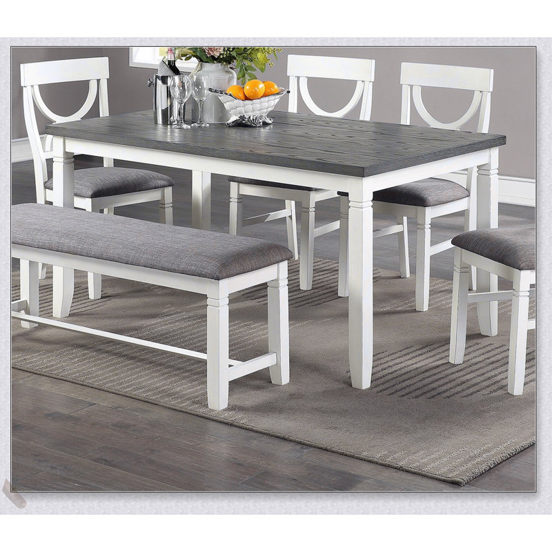 Ensemble de salle à manger 6 pièces contemporain avec table, 4 chaises et banc en blanc, bois d'hévéa durable et panneau de fibres à densité moyenne