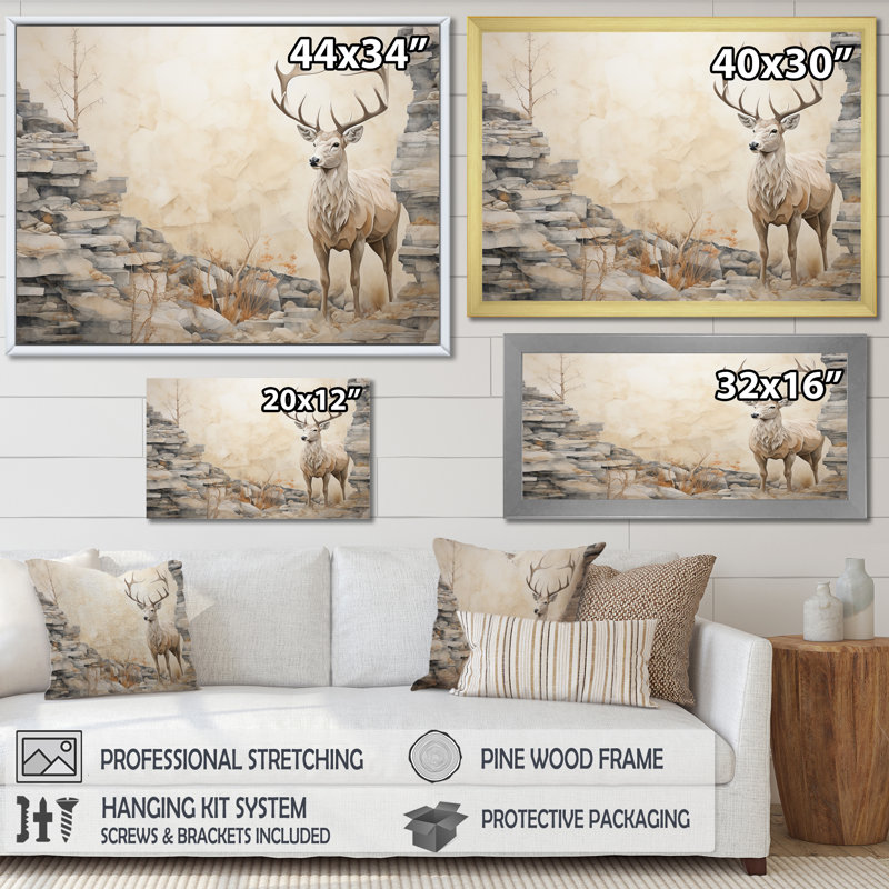 Minimalisme, portrait de chevreuil beige I - impression, Cadre simple argenté, H 24 po x l 32 po x P 1 po