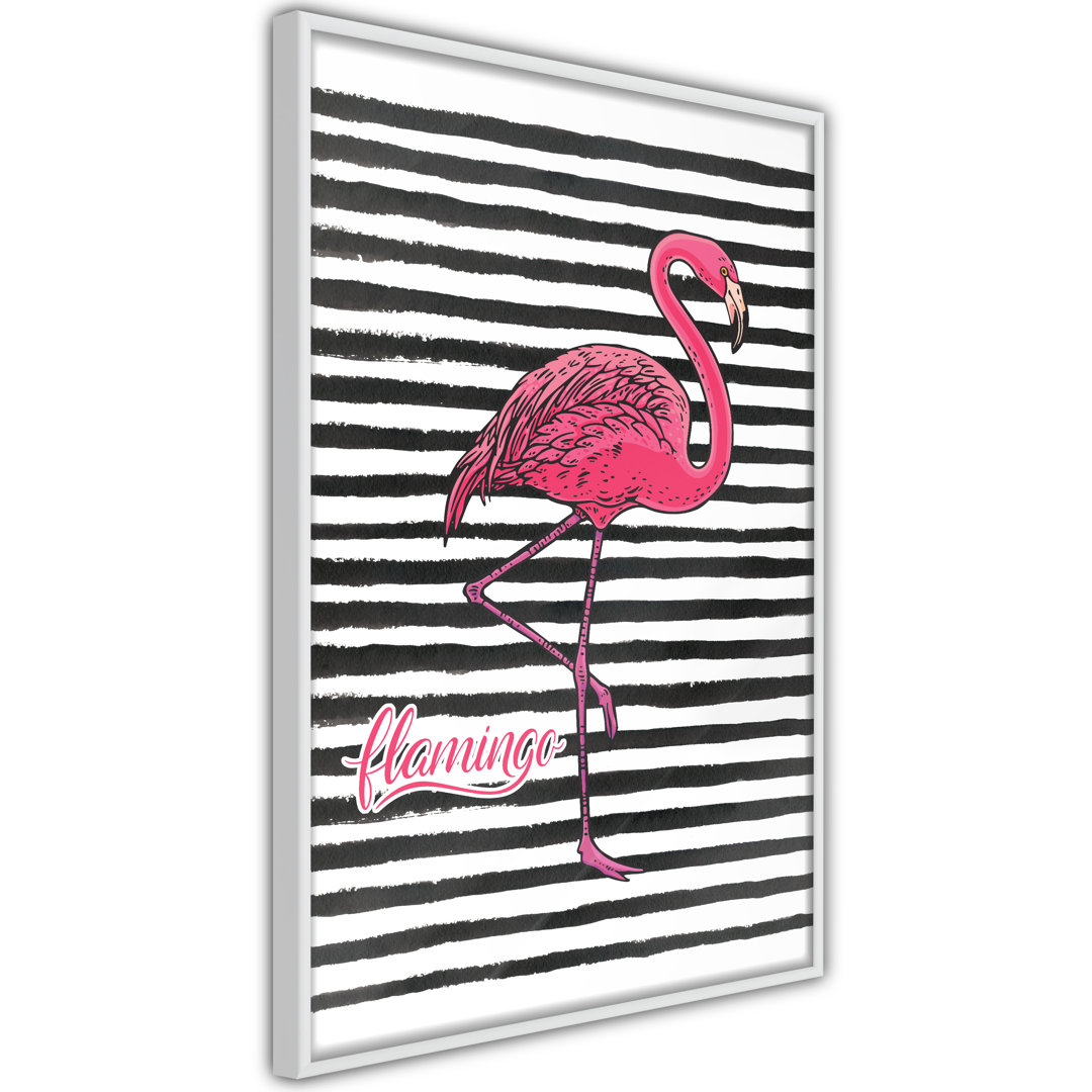 Gerahmtes Poster Flamingo auf gestreiftem Hintergrund