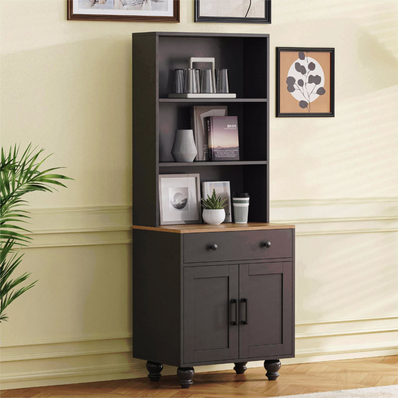 Farmhouse Storage Cabinet With 4 Solid Wood Gourd-Shaped Legs, Modern Kitchen Pantry With Adjustable Shelves, 5-Tier Bookshelf With Drawer