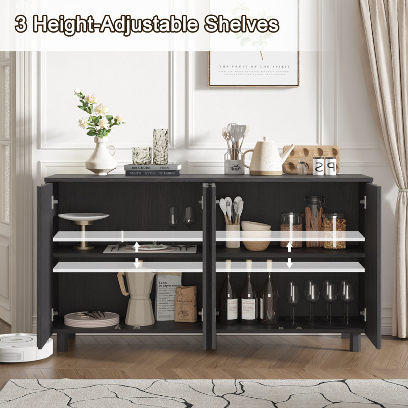 59" Fluted Sideboard With Storage, Large Buffet Cabinet With 4 Doors For Kitchen And Living Room, Charcoal Gray