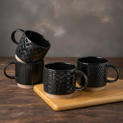 12Oz Stackable Ceramic Coffee Mugs Set Of 4, Textured Modern Cups For Latte Cappuccino Cocoa, Dishwasher & Microwave Safe, Off White
