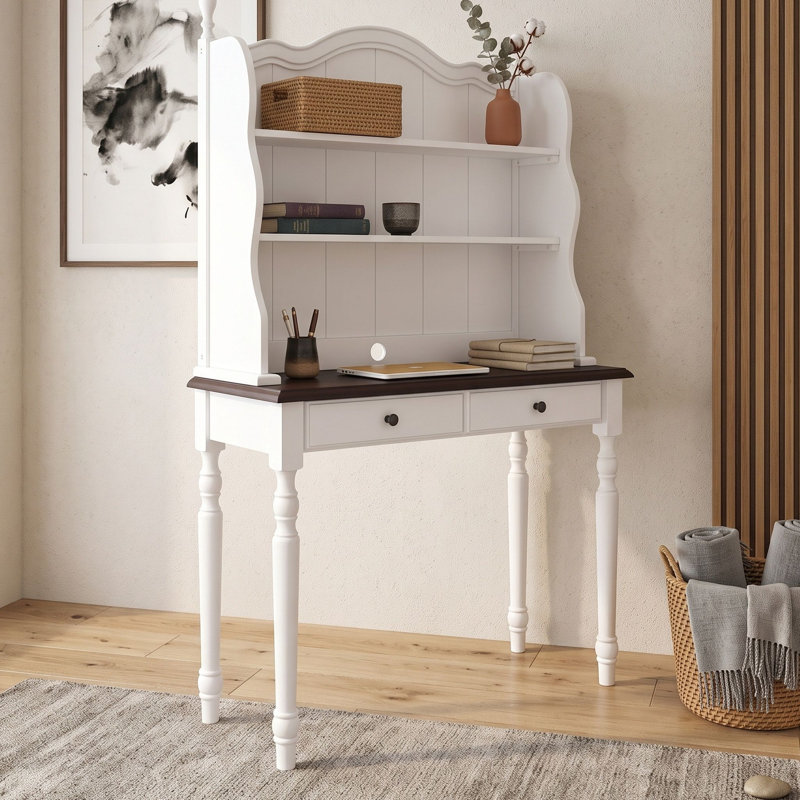 Bureau de ferme avec huche et deux tiroirs, tablettes, White Espresso