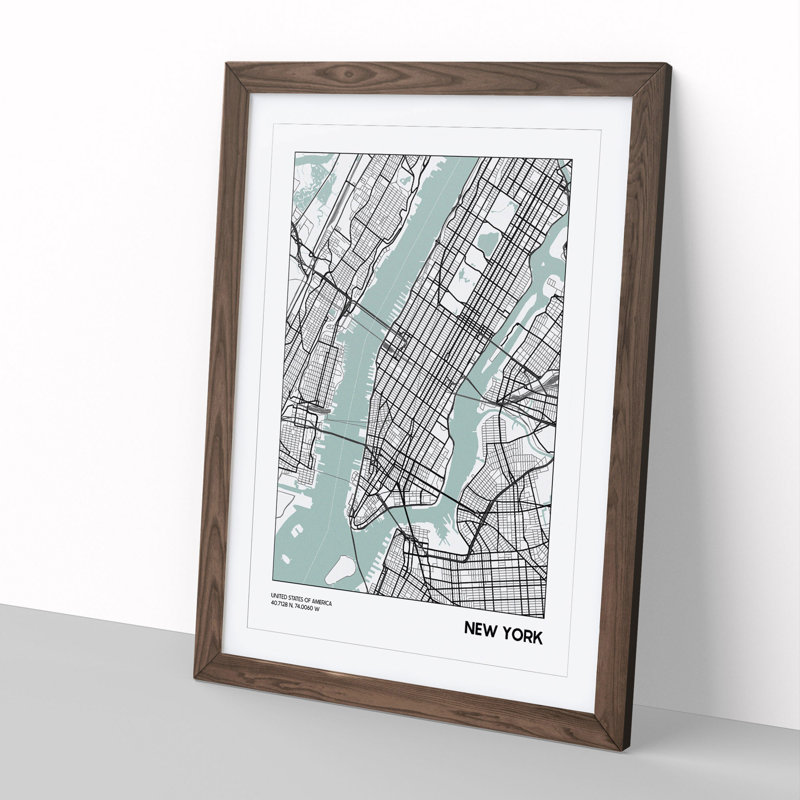 Map New York USA - Picture Frame Graphic Art, 36cm H x 27cm W x 2cm D, Walnut
