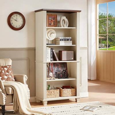 Bibliothèque blanche de 70 po de hauteur, bibliothèque à 5 niveaux en bois avec tablettes réglables et pieds en bois, bibliothèque de ferme autoportante avec rangement ouvert, bibliothèque pour enfants rétro pour chambre de bébé, chambre à coucher