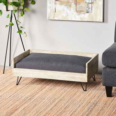 Lit pour animal de compagnie en bois Mid-Century moderne, avec eau - extérieur et coussin, mousse gris-noir