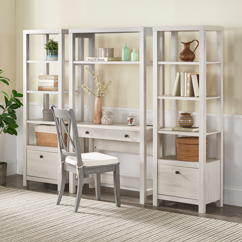 Albali 3 Piece Configurable Writing Desk Office Set with Bookcase, Antique White