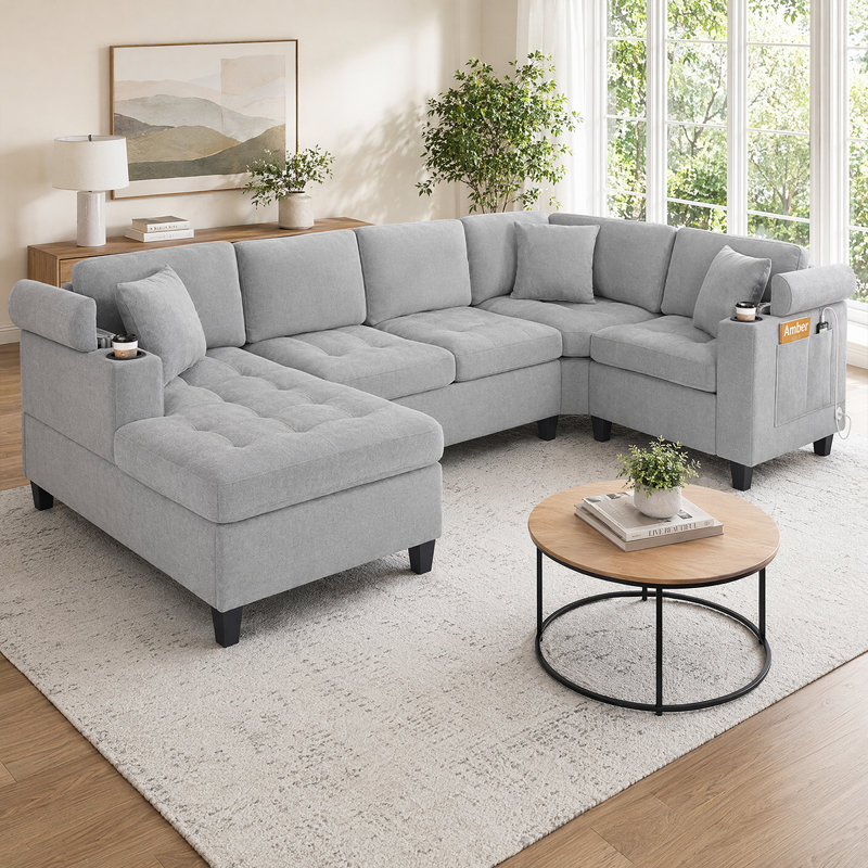Canapé modulaire en forme de U pour la famille avec méridienne, ports de chargement USB et rangement caché, Light Gray