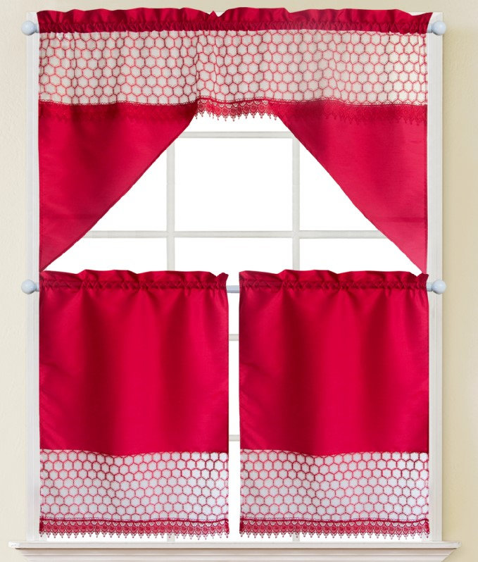 Shyler Macrame Swag 35" Kitchen Curtain Set, Burgundy