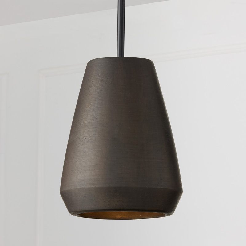 9.75" W x 13.25" H 1-Light Handcrafted Terracotta Pendant in Matte Black, Terracotta Umber