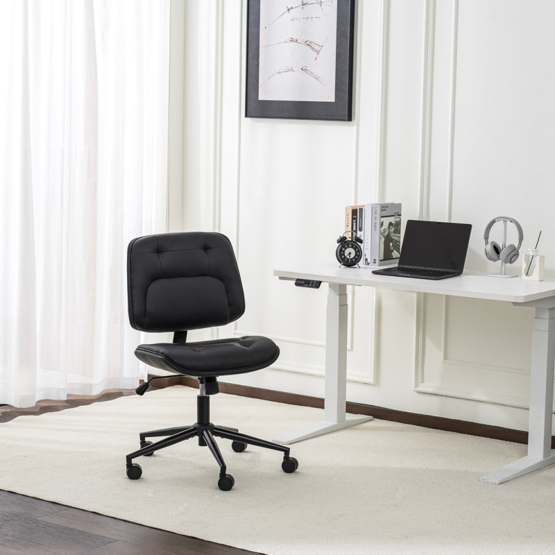 Home Office Desk Chair Pu Leather, Adjustable Height Armless Office Chair Black, Black