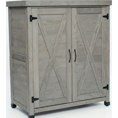 Table de rempotage avec armoire de rangement et plateau en métal, grise, design extérieur, pattes réglables, convient à divers environnements extérieurs