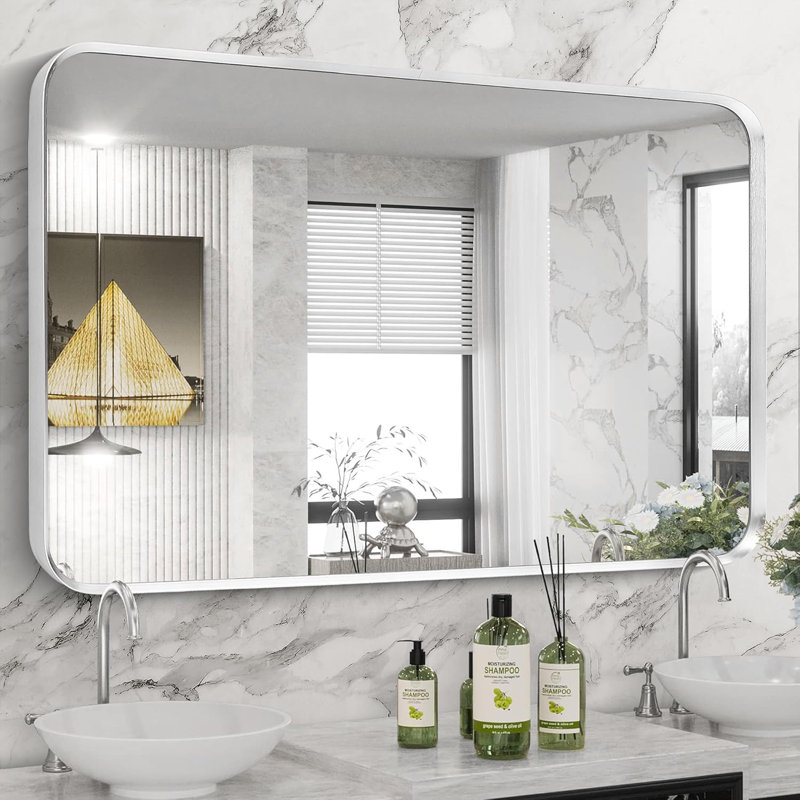 Miroir mural de salle de bain en nickel brossé, grand miroir rectangulaire de coin arrondi avec cadre en métal argenté, verre trempé, incassable, suspension horizontale ou verticale (30 po x 48 po, argent)