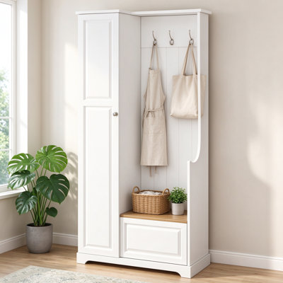 Hall tree with flip-up bench, minimalist hallway shoe cabinet with adjustable shelves and hanging hooks, for entryway or mudroom, white