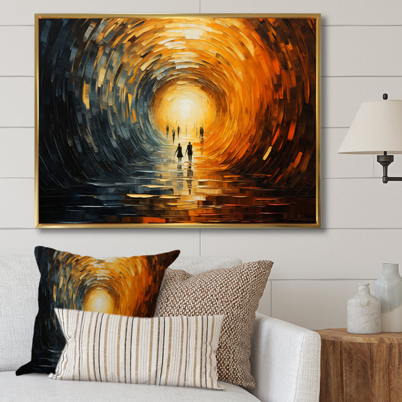 Tunnel abstrait en bois orange sur toile, 34" H x 44" W, White Picture Framed