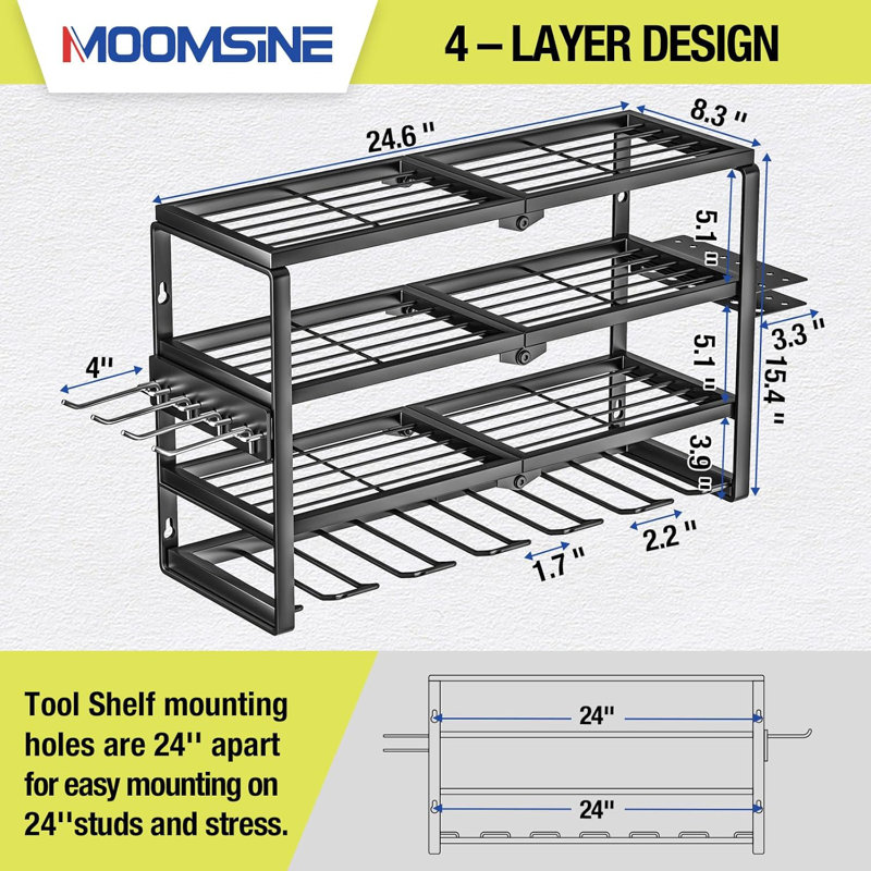 Support de rangement 24 pouces pour outils électriques à 4 couches avec tablette de chargement - Organisateur mural pour perceuses, outils et accessoires