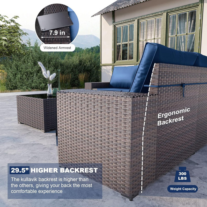  6-Piece All-Weather Outdoor HDPE Rattan Patio Sofa Set with Cushions&Wide Armrests, Navy