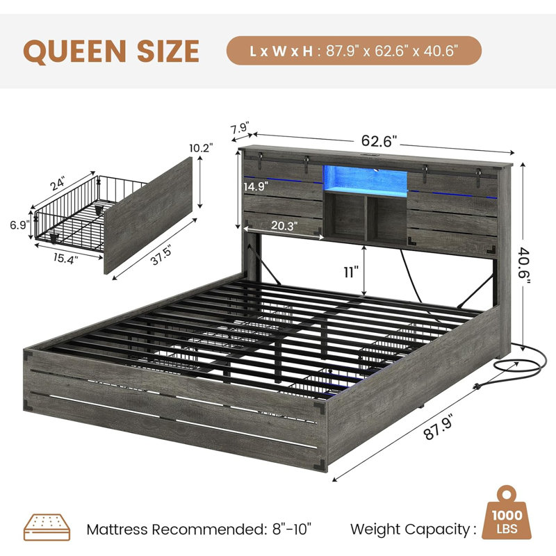  Farmhouse Queen Bed Frame with Charging Station, LED Lights and 4 Storage Drawers, No Box Spring Needed, Gray, Gray, Queen