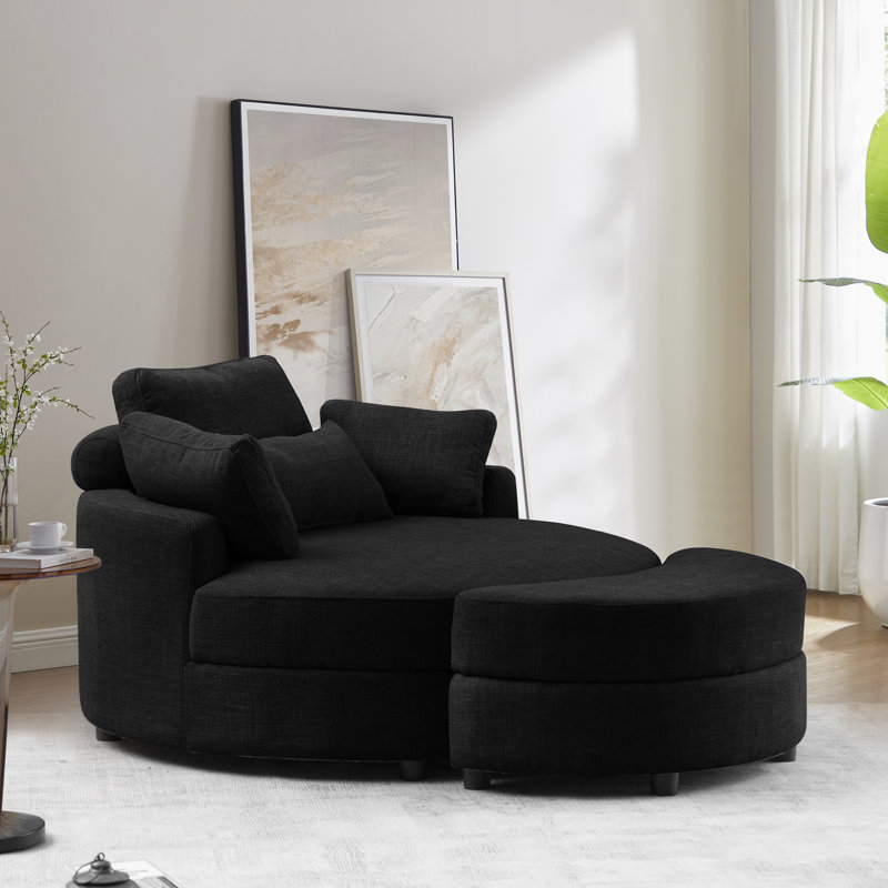 Danieal Upholstered Barrel Chair with Ottoman, Black Fabric
