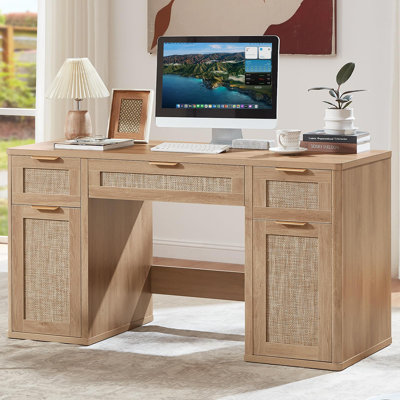 56-Inch Rattan Writing Desk with 3 Drawers, 2 File Cabinets & Adjustable Storage