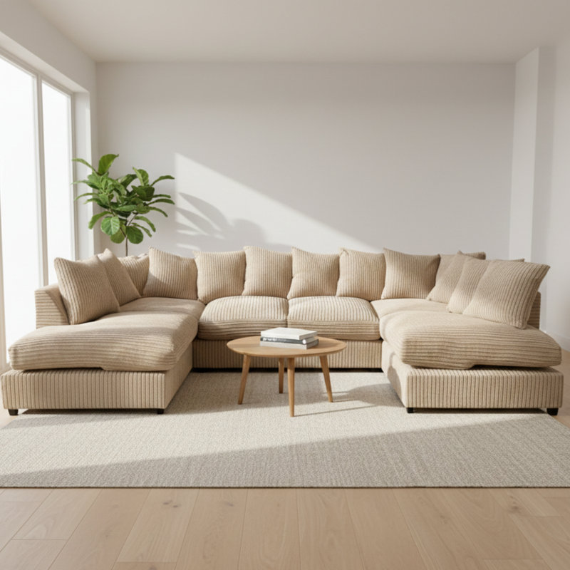 7 Seater Corduroy Corner Sofa, Beige