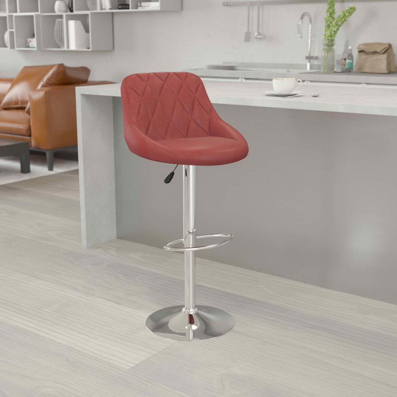 Hilia Vinyl Bucket Seat Adjustable Height Barstool with Diamond Pattern Back, Burgundy