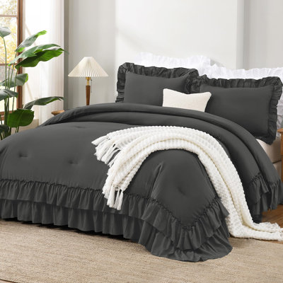 Andency Dark Grey Comforter Set Full, Gray Ruffle Bedding Comforter Set for All Seasons, 3 Pieces Lightweight Fluffy Farmhouse Bed Set for Women Men(1 Ruffle Comforter 2 Pillowcases)