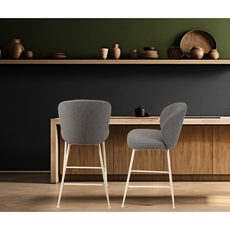 Tabouret de comptoir gris transitionnel de 2, siège rembourré rond avec rembourrage en mousse, support en métal pour le siège en tissu de la salle à manger, cadre