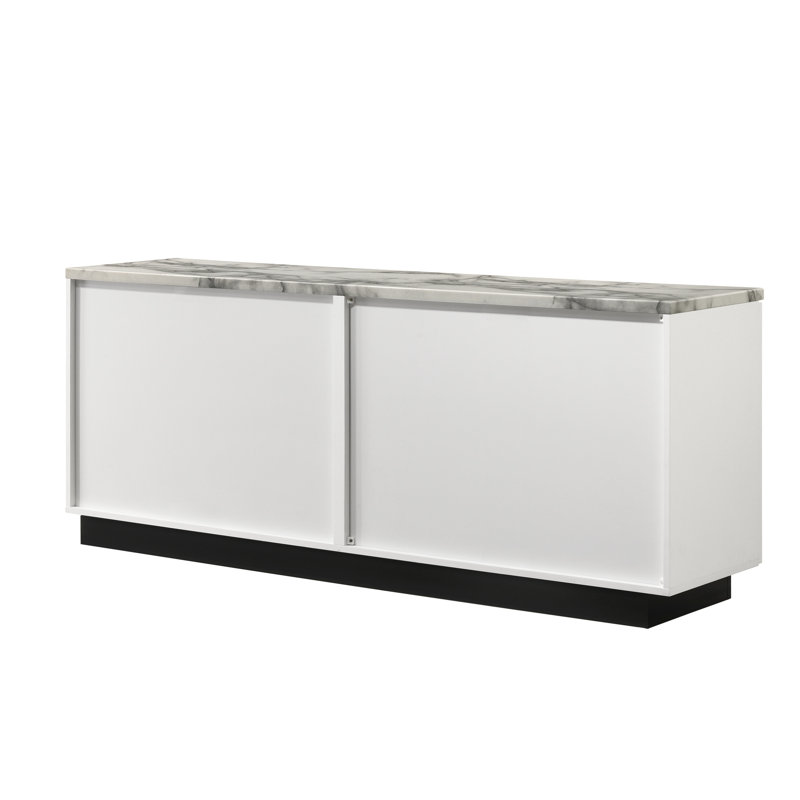 Console 63 po en faux marbre blanc, 4 portes, tablette réglable, base noire, empreinte de marbre de fabrication 63 po, contraste pour la fabrication