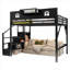 Lit mezzanine classique grand noir classique, structure en métal avec garde-corps en forme de maison, escalier intégré et garde-robe pour les enfants adolescents