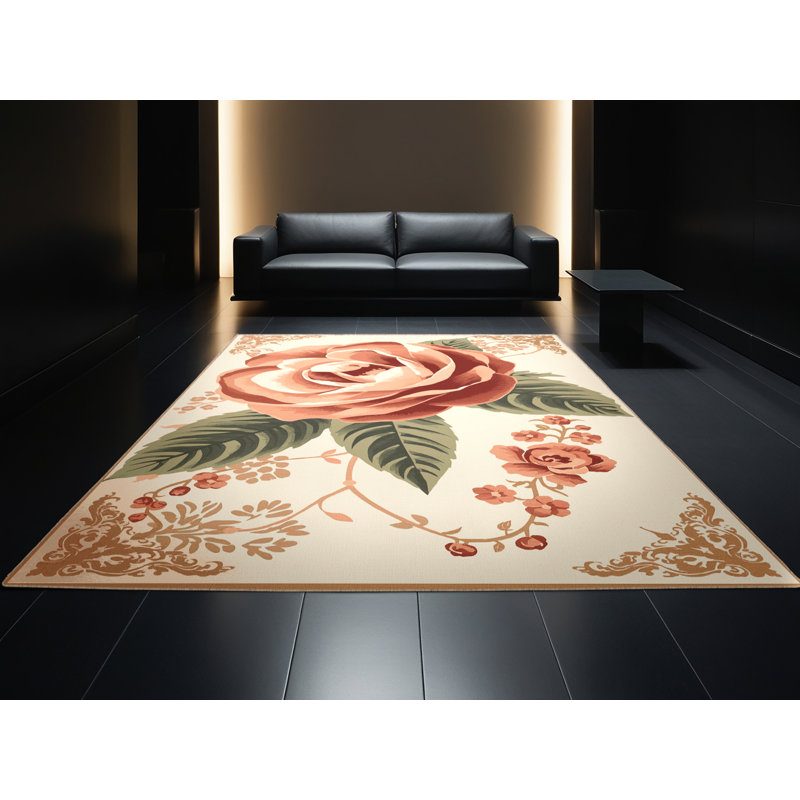 Machine Washable Paesyn Camellia French Floral Rug in Beige – Beige Binding, 5' Square