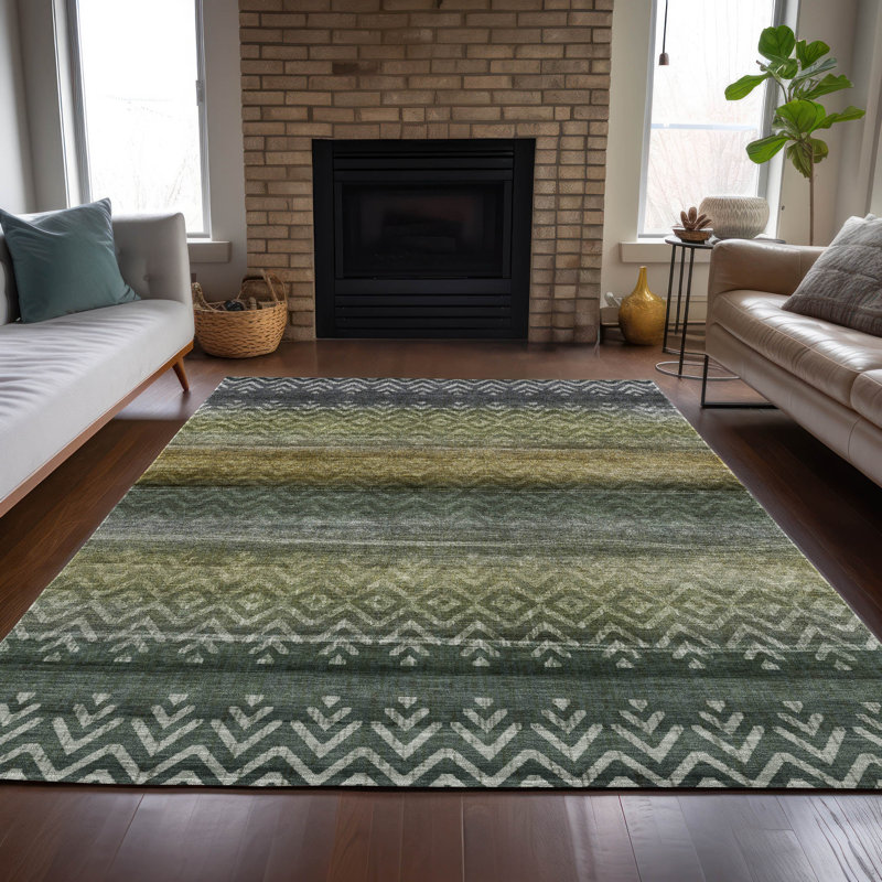 Machine Washable Indoor/Outdoor Xhevrie Green Rug, Rectangle 2'6" x 3'10"