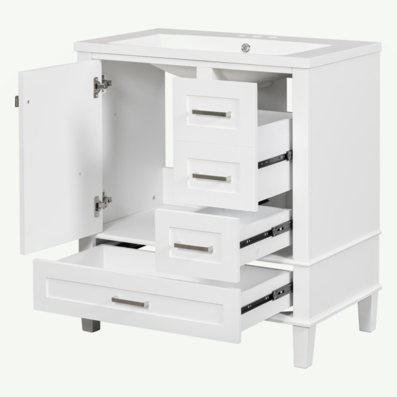 Meuble-lavabo moderne de 30 po avec ensemble de meuble-lavabo 30 po, armoire de rangement pour salle de bain avec porte à fermeture douce et 3 tiroirs, structure en bois massif [Bassin en résine]