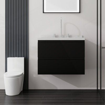 Meuble-lavabo suspendu de 61 cm avec lavabo, tiroir à fermeture amortie, comptoir et dosseret en marbre synthétique blanc de Carrare de 5 cm, contreplaqué