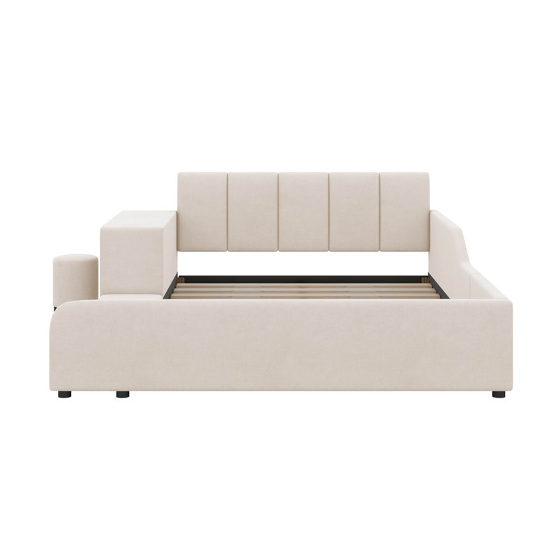 Ilyne Full Size Upholstered Bed, Mother & Child Bed with Bedside Desk and Little Round Stool, Beige